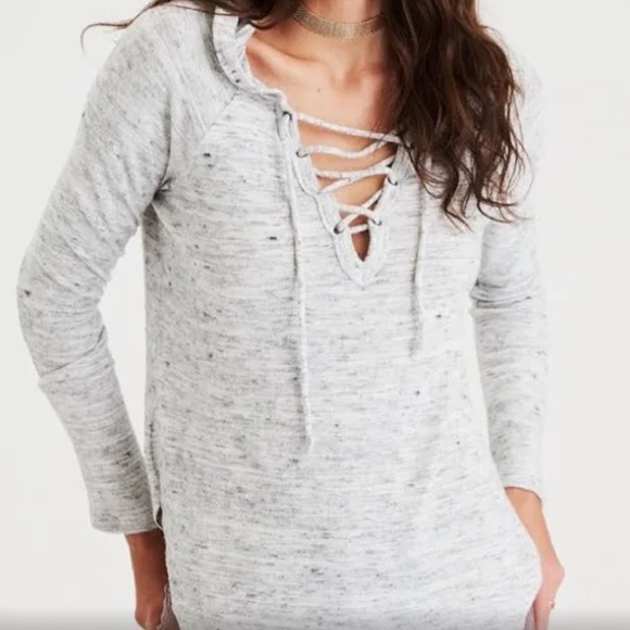 American Eagle Outfitters Sweaters - American Eagle Soft & Sexy Grey Lace Up Long Sleeve Hoodie- L